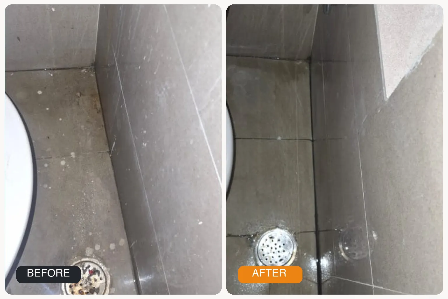 Restroom tile descaling and floor drain deep cleaning before and after comparison
