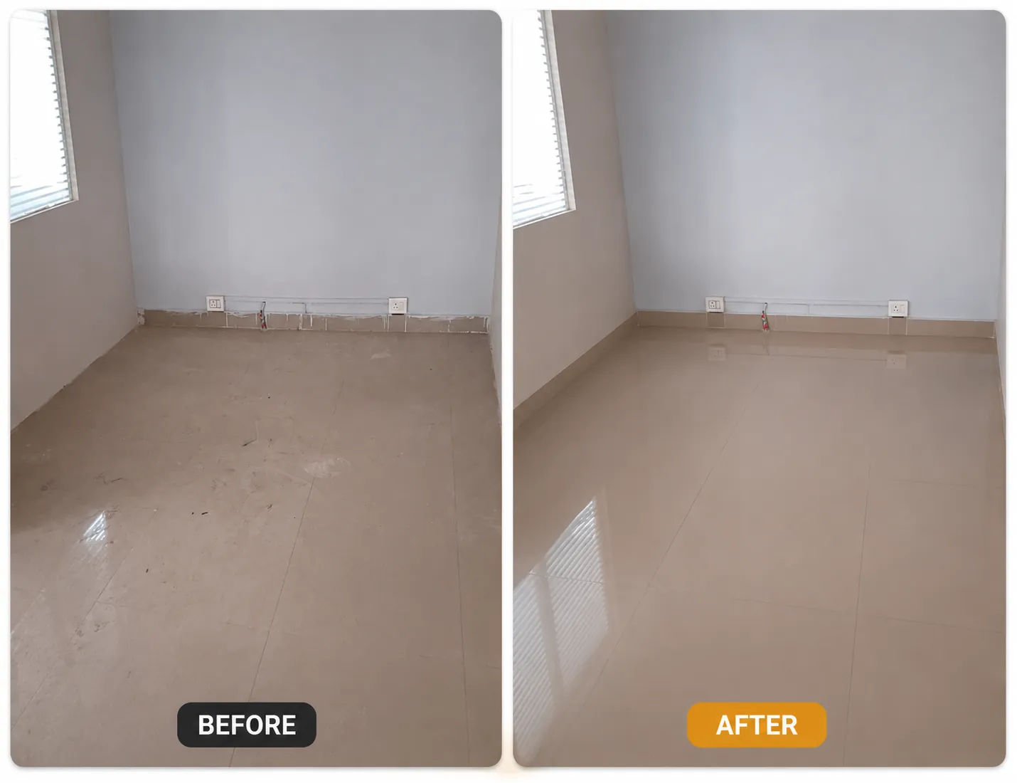 Post-construction room floor cleaning before and after comparison